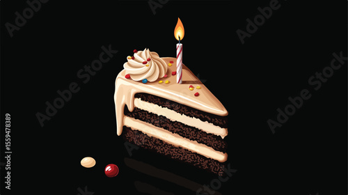 Birthday Cake Slice with Candle Flat Vector Illustration