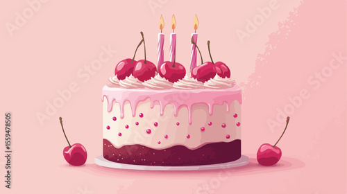 Birthday Cake with Cherries Flat Vector Illustration