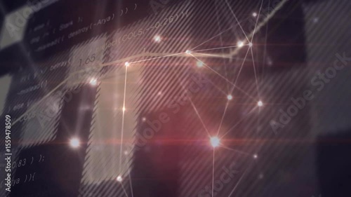 Light points fading starting node linking forming network sliding panels revealing rising trend