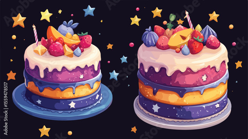 Stunning Birthday Cake with Stars and Fresh Fruits Flat Vector Illustration