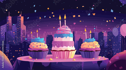 Delicious Birthday Cakes and Cupcakes with Colorful Candles and Lettering