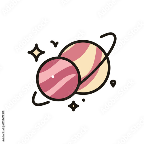 Cute Planets Set Design Elements with Rings and Stars on Transparent