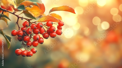 Red viburnum berries on branch in garden in autumn