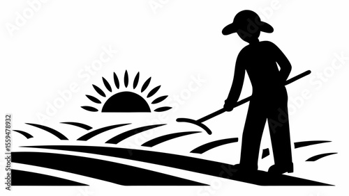 Silhouette of farmer with hat working in field at sunrise with rake tool in black and white style art