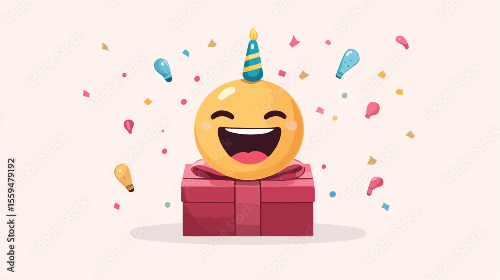 Obraz premium Birthday Emoji with Giftbox Flat Vector Illustration