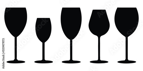 Wine glass silhouettes collection, wine glass icon vector set, glasses silhouettes