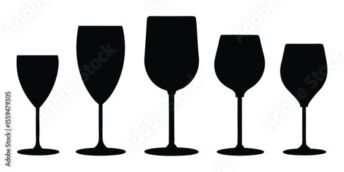 Wine glass silhouettes collection, wine glass icon vector set, glasses silhouettes