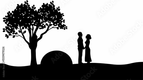 Silhouette of a couple holding hands under a tree with a hill in the background on a white background