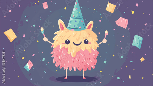 Cute Kawaii Pinata with Birthday Hat Flat Vector Illustration