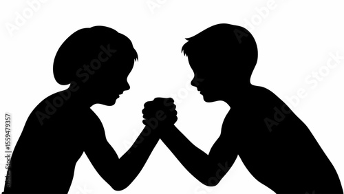 Silhouette illustration of two people arm wrestling in black and white with hands clasped together firmly