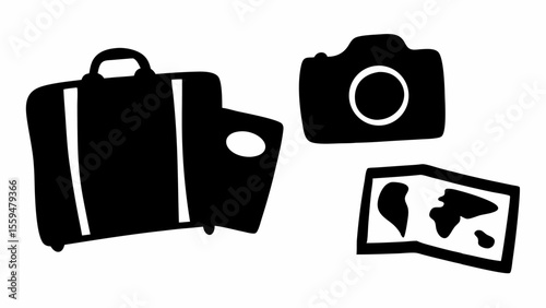 Black and white travel icons including a suitcase camera and map representing vacation planning tools silhouette