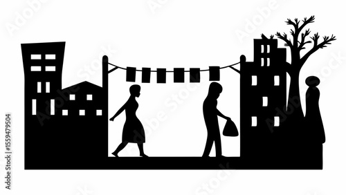 Silhouette of two people walking under hanging squares in a city with buildings and a tree in black