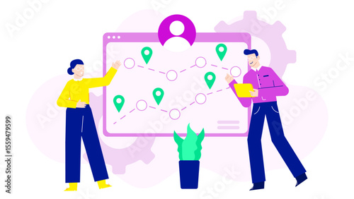 Two people discussing route on digital map. Suitable for travel planning, navigation services, adventure blogs, and journey coordination visuals.