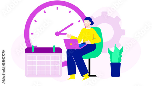 Woman working on laptop near clock and calendar. Suitable for time management, scheduling, remote work, and productivity concepts in business.