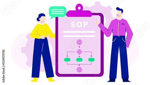 Two people discussing an SOP flowchart. Ideal for business presentations, manuals, training materials on standard operating procedures in a team.