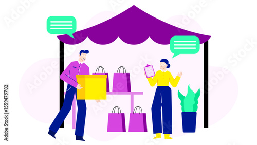 Market stall scene with people shopping is suitable for advertisements, social media posts, articles, and travel brochures showcasing local markets.