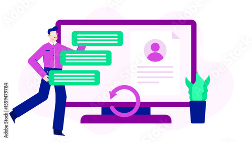 Man reviewing online profile and messages, suitable for social media marketing or networking concept designs as illustrations or banners.