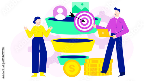Sales funnel bringing profits for two entrepreneurs. Suitable for marketing concept in business presentations, websites, and social media designs.
