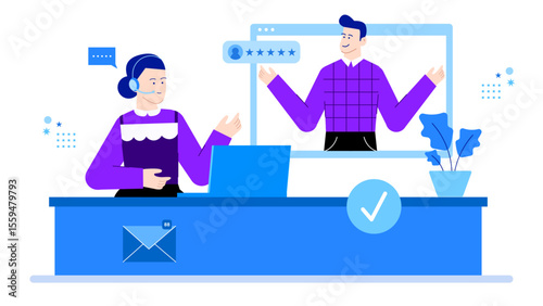 Online customer service agent receiving a five star review. Perfect for websites, blogs, social media posts, customer service related content.