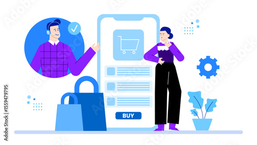 Online shopping with a customer service agent ideal for ecommerce websites, customer service training materials, online shopping platforms.