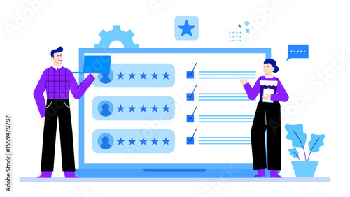 People studying online feedback and ratings for research, analysis, customer service concept, website design, user experience, market research presentation.