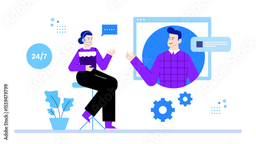 Customer service agent video chats with a client offering 24/7 support. Suitable for websites, social media ads, and marketing materials.