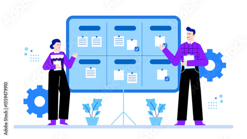 Two colleagues assess tasks on a project management board. A professional, teamwork, organization, leadership, project planning concept illustration.