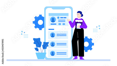 Woman presenting mobile apps interface suitable for digital marketing campaigns, technology blogs, app development tutorials, and web design projects.