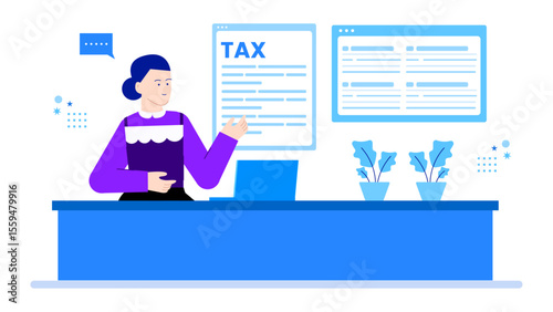 Woman explaining tax documents at a blue desk. Suitable for financial and tax related content or educational materials about taxes.