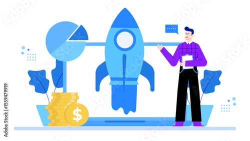 Man with financial startup rocket chart and money growth, suitable for business presentations, finance blogs, and investment concepts.