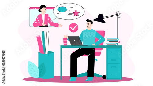 Man receiving helpful feedback during a video conference. Perfect for business, remote work, communication, virtual meeting concepts in design.