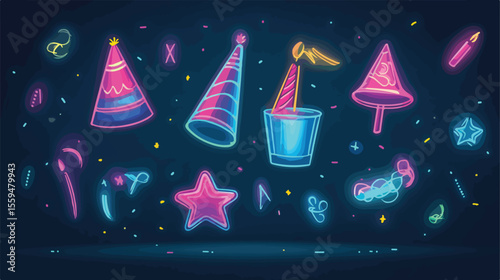 Neon Birthday Party Horn Blowout Celebration Vector Illustration