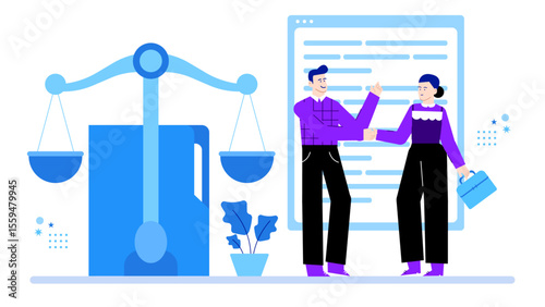 Two people shaking hands near scales of justice. Ideal for legal, partnership, agreement, justice, law, or business concepts.