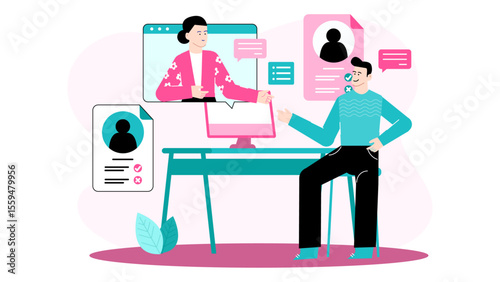 Man and woman conducting virtual job interviews. Suitable for recruitment, human resources, remote work, online job platforms visuals.