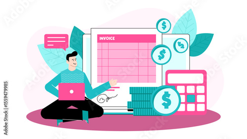 Man reviewing an invoice, calculating with coins. Suitable for financial, business, ecommerce concepts. Online payments, budgeting, accounting visuals.