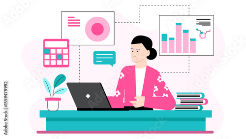 Woman multitasking with laptop and financial data visually, suitable for technology, business, finance, remote work concepts in design projects.