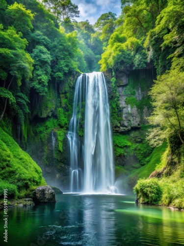 Serene waterfall surrounded by lush greenery and towering trees