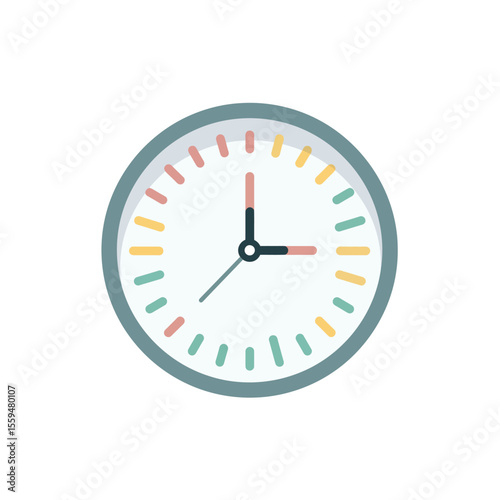 Flat Style Clock with Colorful Markers and Three Hands on a Transparent Background