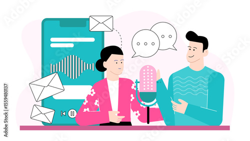 Two people podcasting with microphone and smartphone app; suitable for podcasts, technology, communication, teamwork, collaboration, online audio content.