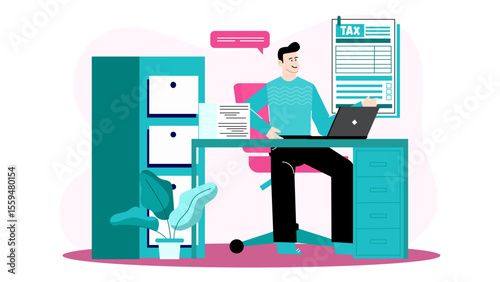Man works on taxes at desk using laptop. Suitable for financial, accounting, tax preparation, freelance, work from home concepts.
