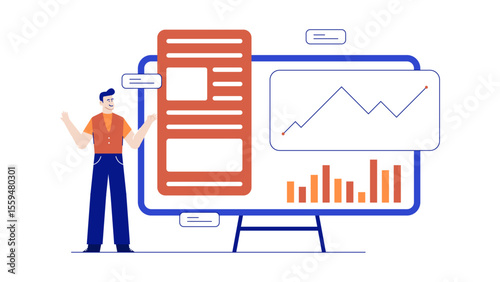 Man presenting data graphs and a report, suitable for business presentations, financial articles, and analytical reports on performance statistics.
