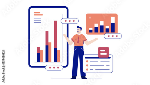 Man demonstrating data charts on a tablet, ideal for business presentations, technology blogs, financial reports, and educational materials on technology tools.