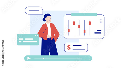 Woman analyzing financial data on a video player suitable for business presentations, financial reports, market analysis websites, and educational materials.
