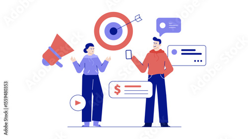 Two people discuss marketing strategy to reach financial goals. Ideal for business presentations, marketing materials, financial blog posts, and social media.