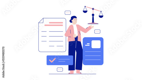 Woman explaining legal documents and scales of justice, ideal for law firms, legal presentations, and educational materials on legal procedures.