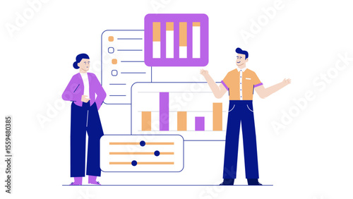 Ideal for marketing presentations, financial reports, business articles. Two individuals analyzing vibrant bar graphs and statistical information together.
