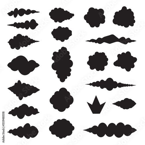 A collection of black silhouette cloud and smoke elements providing a decorative vintage art style for design