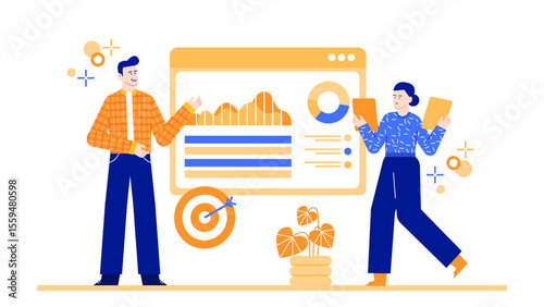 Two colleagues discussing business data and graphs for progress. Ideal for presentations, reports, articles, or blogs on teamwork and data analysis.