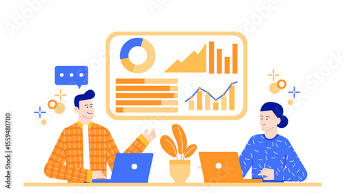 Two people discussing data charts on laptops. Suitable for presentations, business articles, technology blogs, marketing materials, and eLearning content.