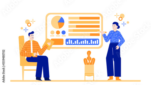 Two individuals analyzing vibrant data visuals in a professional setting. Perfect for business presentations, analytics reports, and marketing materials.